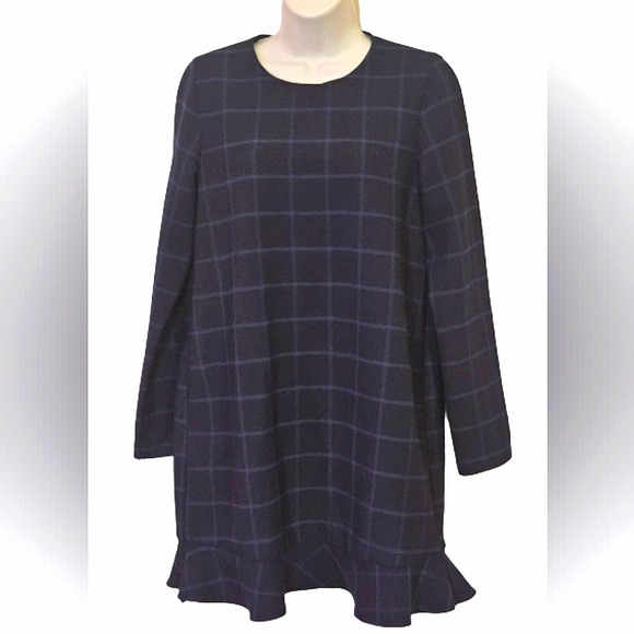 ZARA Trafaluc Collection Navy Blue Plaid Long Sleeve Ruffle Hem Dress, Large - Picture 1 of 15